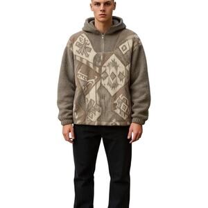 East West Sherpa Zip Jacket Size M Beige Gray Tribal Aztec Fleece Retro 90s